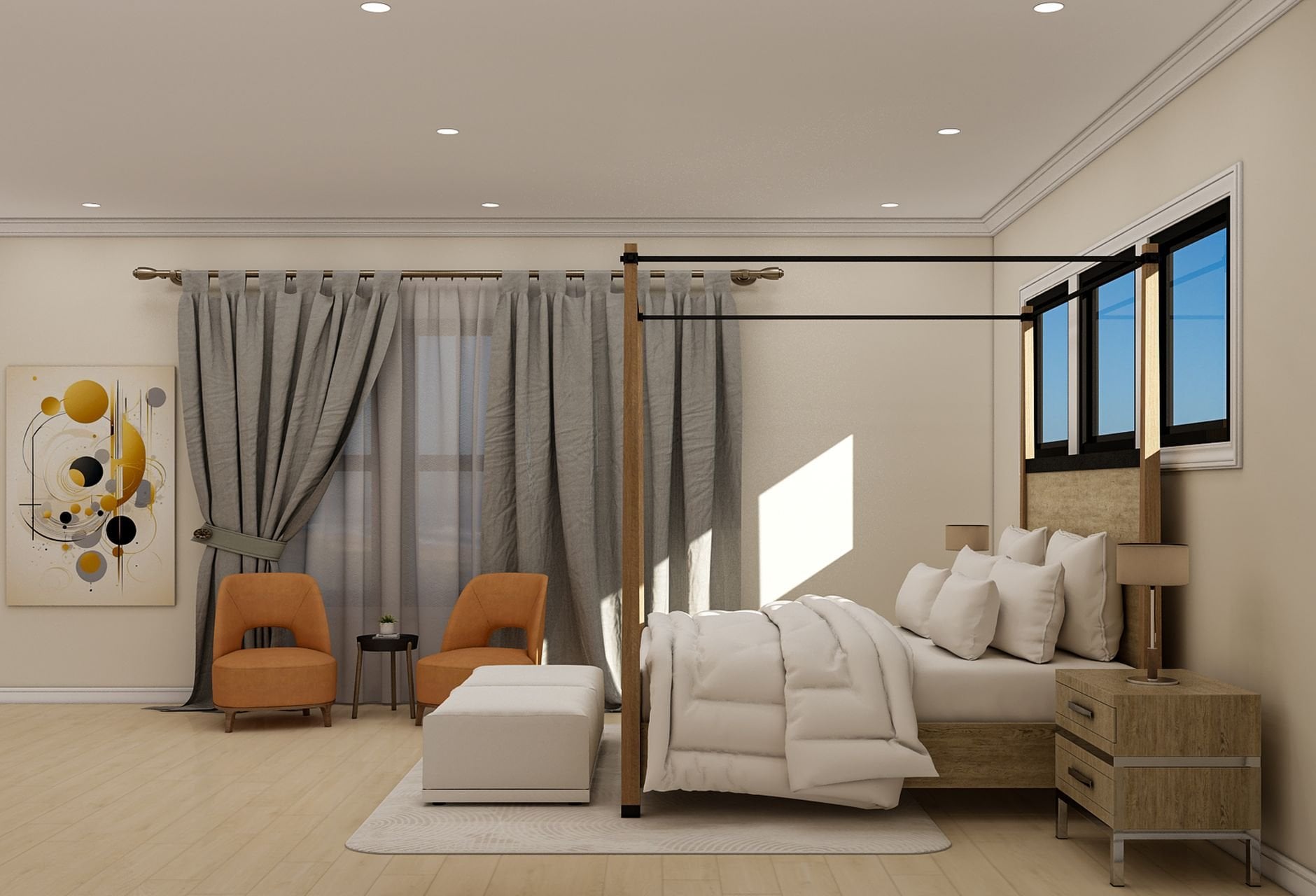 Elegant modern bedroom with cozy seating and minimalist decor, featuring a canopy bed and warm lighting.